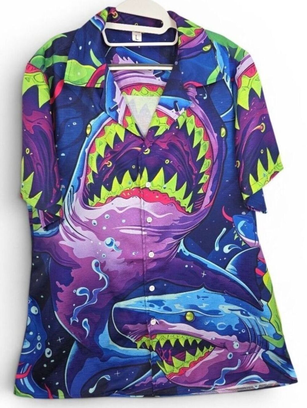 Men's Vibrant Shark Print Short Sleeve Button-Up Shirt Size Large